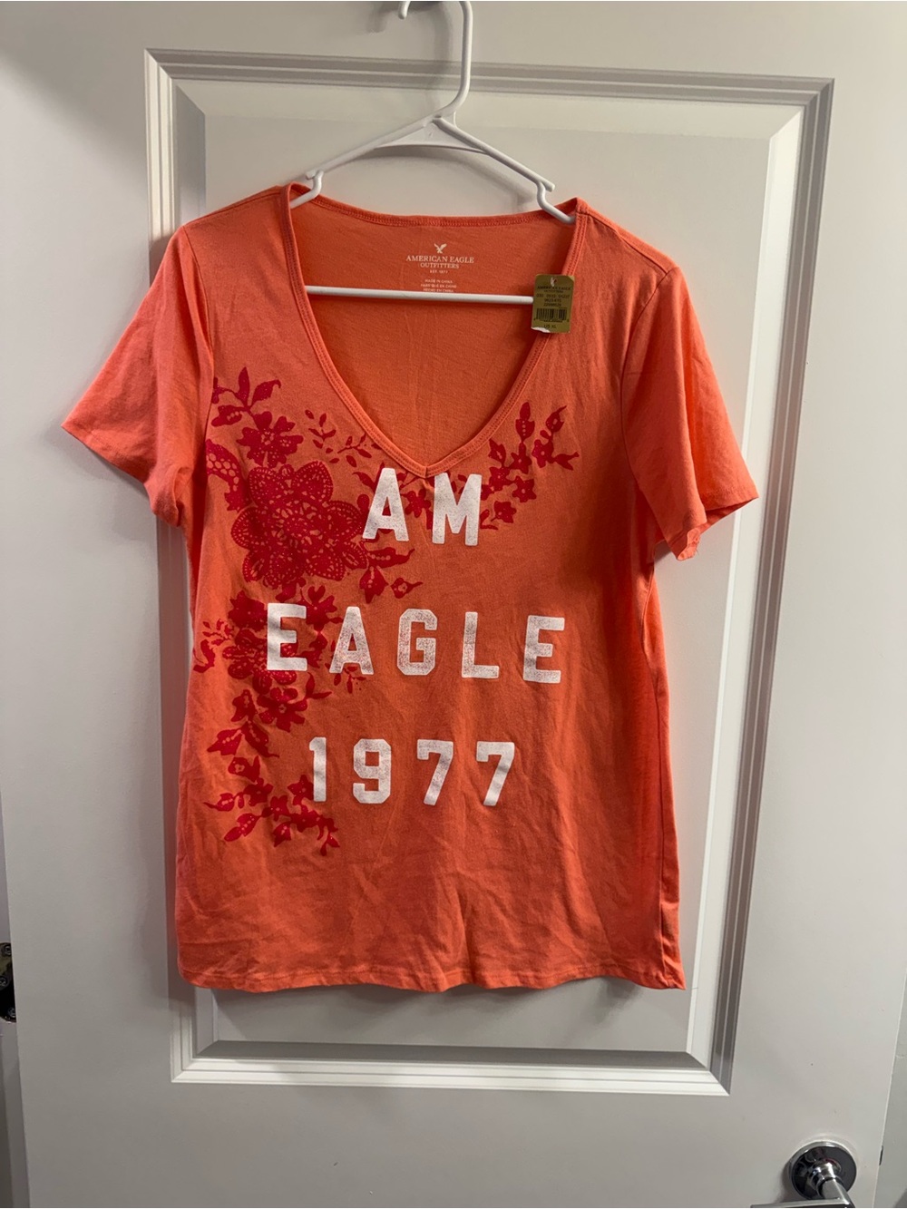 American Eagle Outfitters Orange Tee with Red Floral Print and White Lettering